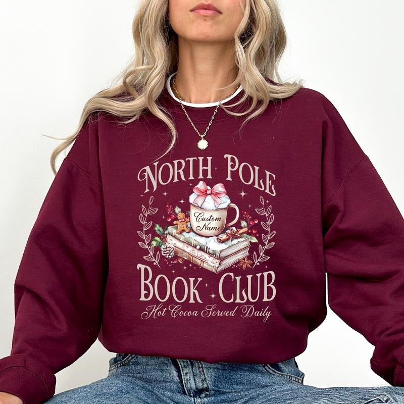 Personalized North Pole Book Club Sweatshirt, Custom Name Book Lover Pullover, Vintage Christmas Bookish Crewneck, Booktok Tops, Holiday Womenswear
