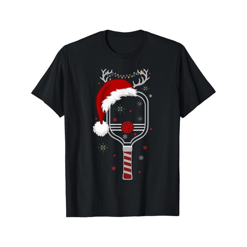 Pickleball Player Christmas Holiday Reindeer Xmas Women Tees Men's T-shirt personality print pattern, casual round neck short sleeve, comfortable version of cotton short sleeve, four seasons can wear 220g made in usa
