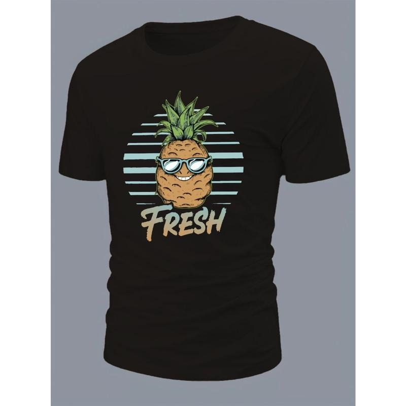 Pineapple  Print Short Sleeve Tees For Men, Casual Crew Neck T-Shirt, Comfortable Breathable T-shirt made in usa