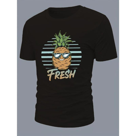Pineapple  Print Short Sleeve Tees For Men, Casual Crew Neck T-Shirt, Comfortable Breathable T-shirt made in usa