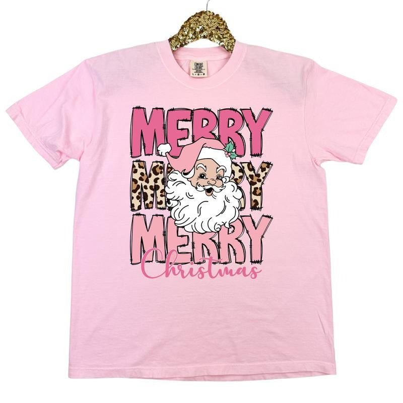 Pink Animal Print Merry Christmas Comfort Colors T-Shirt 'NLB'