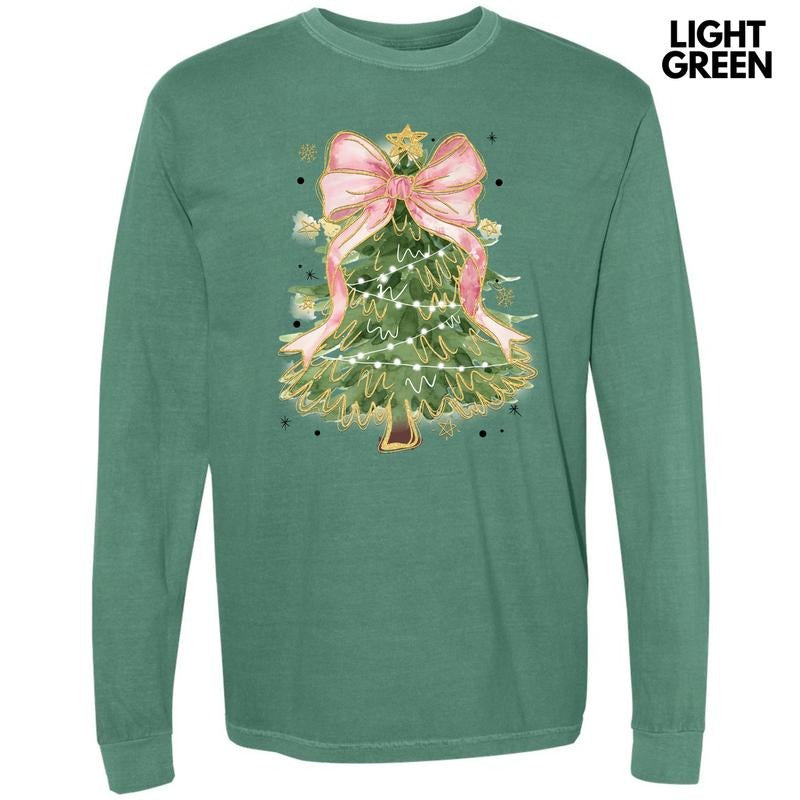 Pink Bow Christmas Tree Long Sleeve Comfort Colors T-Shirt 'NLB'