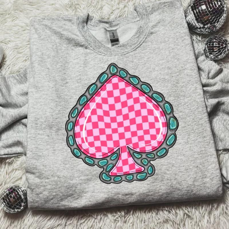 Pink Checkered Spade Sweatshirt, vintage crewneck sweatshirts, western outfit women, cowgirl outfits, western clothing stuff tops, country concert outfits, western style clothes