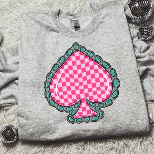 Pink Checkered Spade Sweatshirt, vintage crewneck sweatshirts, western outfit women, cowgirl outfits, western clothing stuff tops, country concert outfits, western style clothes