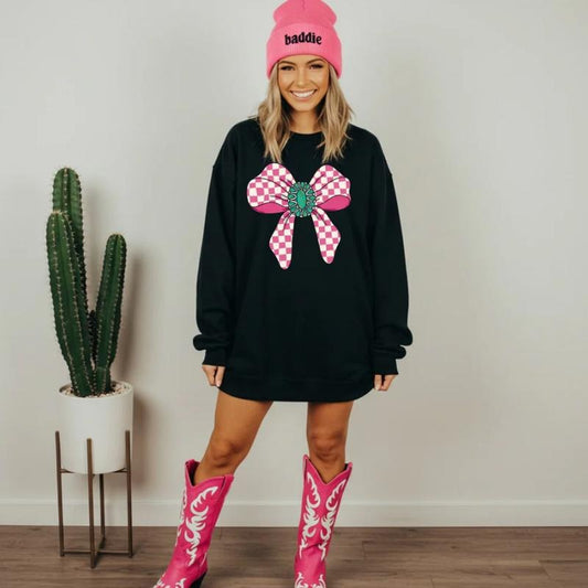 Pink Checkered Turquoise Bow Sweatshirt, vintage crewneck sweatshirts, western outfit women, cowgirl outfits, western clothing stuff tops, country concert outfits, western style clothes