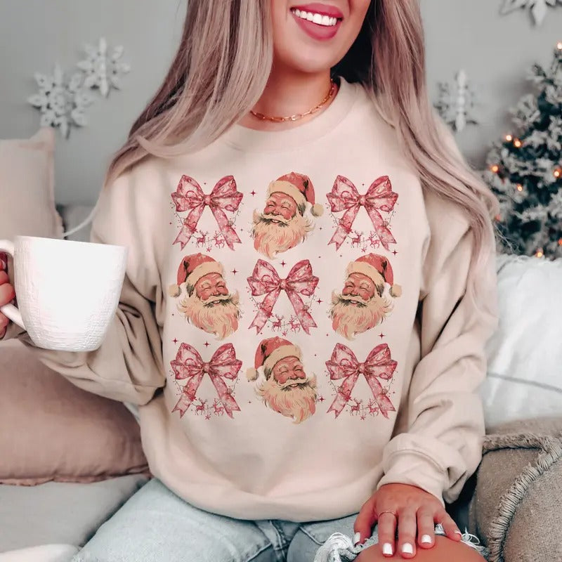 Pink Christmas Coquette Santa Shirt, Christmas Season Sweatshirt, Santa Claus, Christmas, Retro Christmas Shirt, Christmas 2024