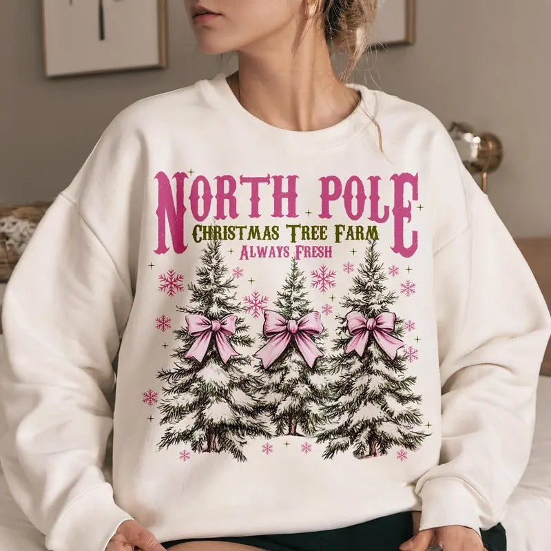 Pink Christmas Coquette bow, North pole, Trendy  Christmas, Retro Christmas, Christmas Gift Holiday Sweatshirt,  Christmas Shirt, Christmas Clothes, Christmas Vibes, Christmas Season, Christmas Tree