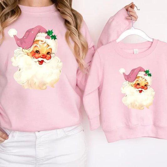 Pink Christmas Santa Sweatshirt, Retro Pink Santa Hat Sweater, Classic Christmas Santa, Vintage Santa Graphic Sweatshirt, Holiday Sweater