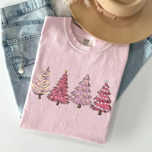 Pink Christmas Trees, Winter, Snow, Santa Tshirt, Christmas Comfort Colors Tshirt, Women's Graphic Tee, Xmas, Santa, Winter, Snow