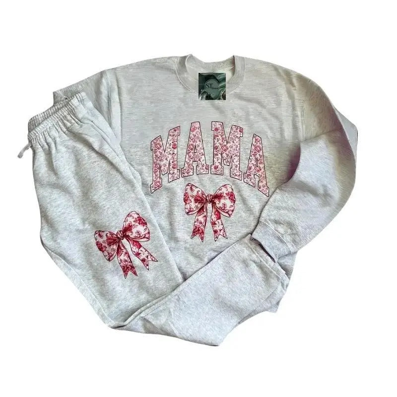 Pink Floral Mama Bow Sweater & Jogger Pants Sold Separately - Plus Size Options for Women's Clothing - Womenswear Comfort Crewneck Fleece Sweatshirt
