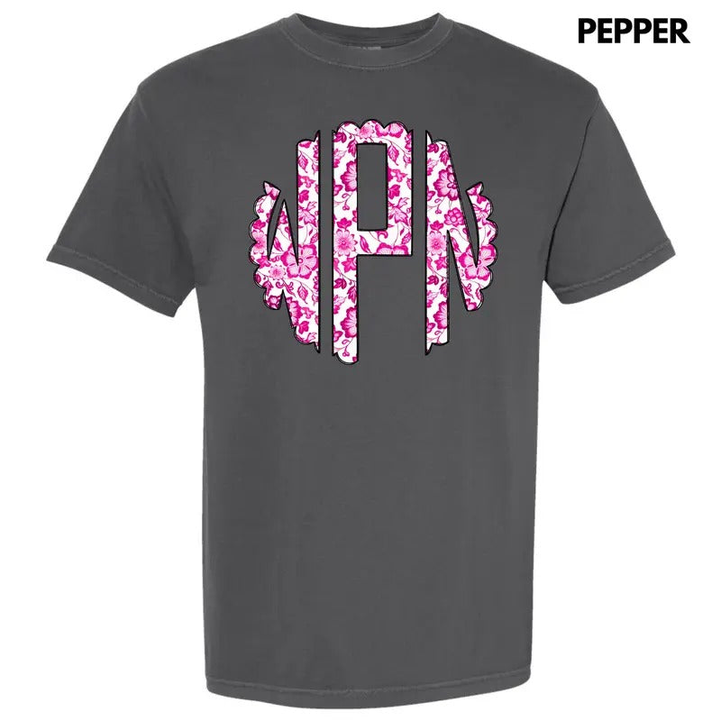 Pink Florals Monogram Comfort Colors T-Shirt 'NLB'