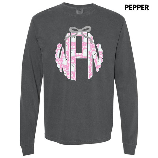 Pink Ghost Monogram Long Sleeve Comfort Colors T-Shirt 'NLB'