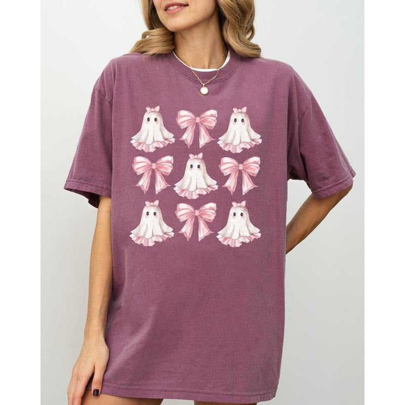Pink Ghost, Bows, Ribbons, Coquette, Halloween, Cute, Girly, Spooky Shirt, Women's Comfort Color Tee, Tshirt