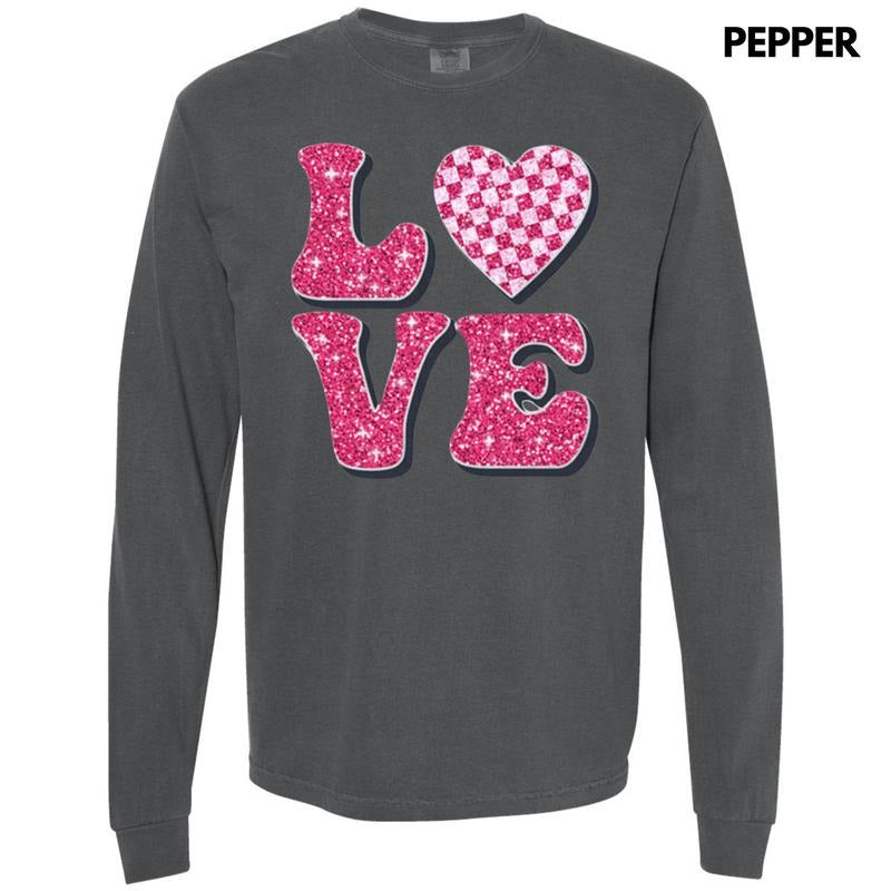 Pink Love Faux Glitter Long Sleeve Comfort Colors T-Shirt