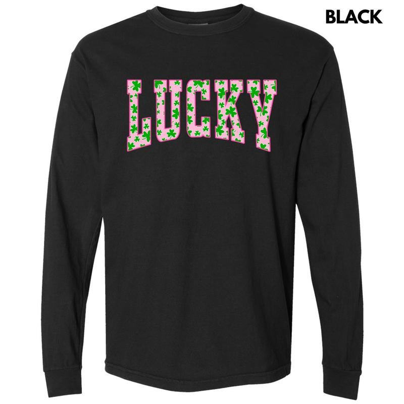 Pink Lucky Varsity Letter Long Sleeve Comfort Colors T-Shirt 'NLB'