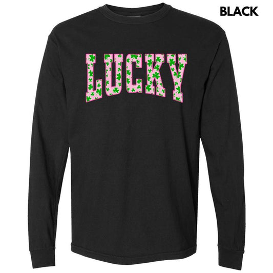 Pink Lucky Varsity Letter Long Sleeve Comfort Colors T-Shirt 'NLB'