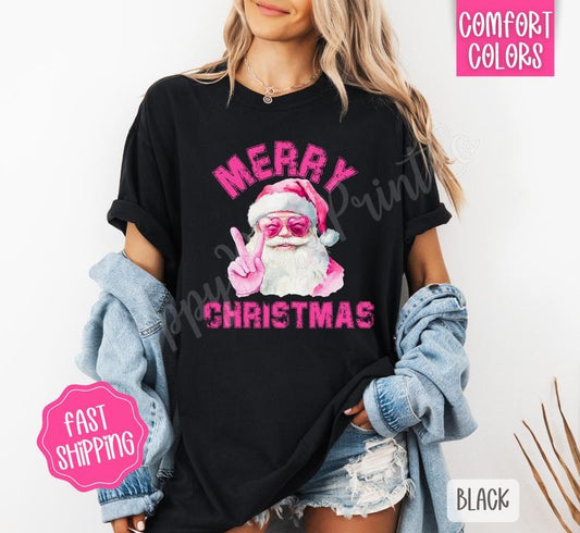 Pink Merry Christmas Santa Comfort Colors, Trendy Women's Holiday Tshirt