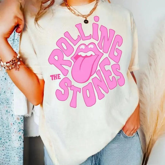 Pink Rolling Stones Axolotl T-Shirt - Women's Graphic T-Shirt with Round Neck, Soft Cotton, Available in Various Colors, Retro Retro Vintage Style