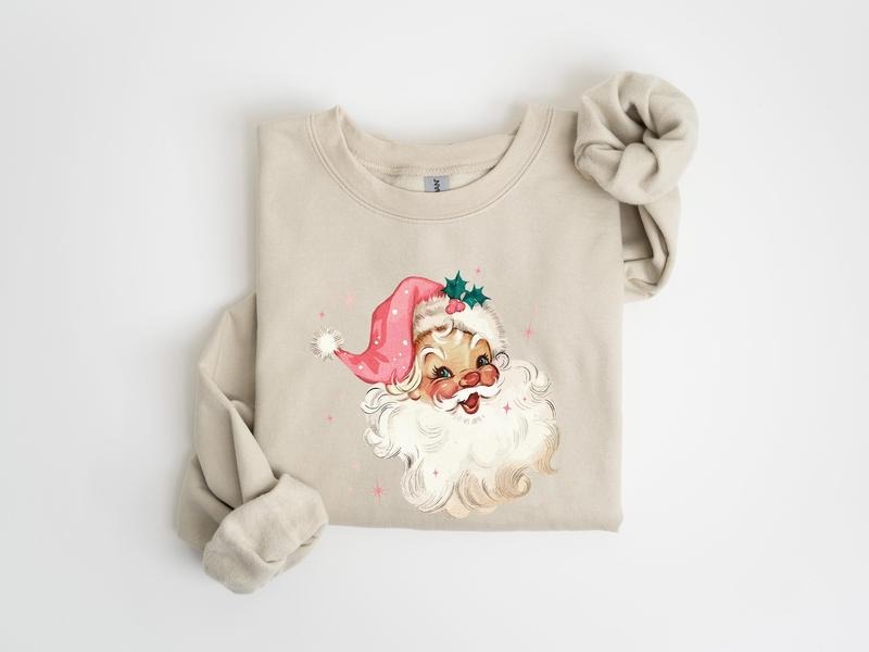 Pink Santa Retro Christmas T-Shirts Sweatshirts for Women Pink Christmas Matching Family Sweaters Pink Vintage Holiday Crewneck Cotton Womenswear