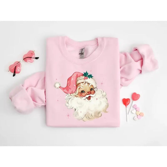 Pink Santa Retro Christmas T-Shirts Sweatshirts for Women Pink Christmas Matching Family Sweaters Pink Vintage Holiday Crewneck Group Party