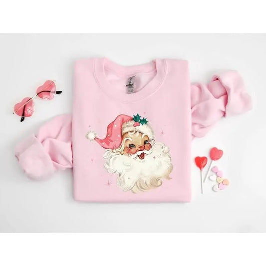 Pink Santa Retro Christmas T-Shirts Sweatshirts for Women Pink Christmas Matching Family Sweaters Pink Vintage Holiday Crewneck Group Partystyle{n002}3