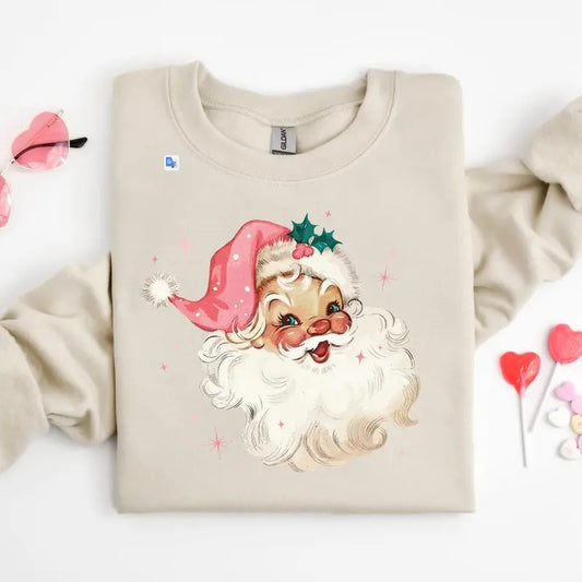 Pink Santa Retro Christmas T-Shirts Sweatshirts for Women Pink Christmas Matching Family Sweaters Pink Vintage Holiday Crewneck