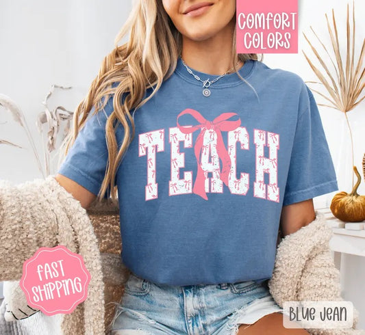 Pink Teacher Bow Shirt Comfort Colors, Women's Tee, Cute Women's Tshirt