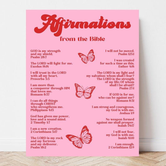 Pink Trendy Affirmations Prints, Affirmations Scripture Butterfly Art Print, Bible Verses Retro Vintage Positive, Poster Prints No Frame, Gifts For Her Him Bedroom Wall Decor, Wall Art Home Decor, Big Wall Art, Gifts For Birthday Set Artwork