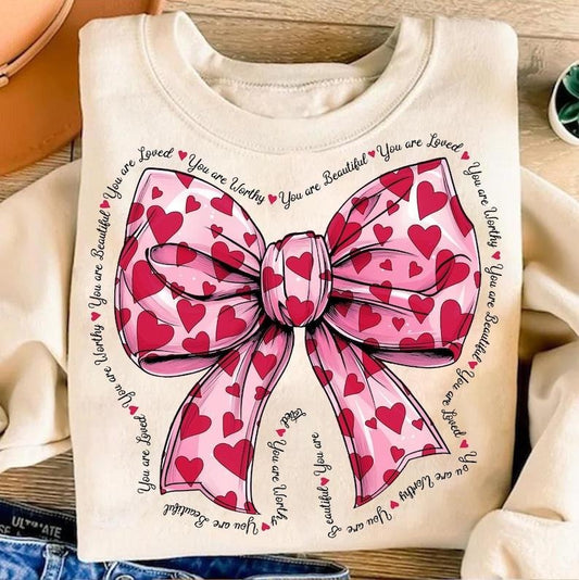 Pink Valentine Coquette Bow Sweatshirt Retro Valentine's , You Are Loved Valentine's  , Happy Valentine's Day Gift.