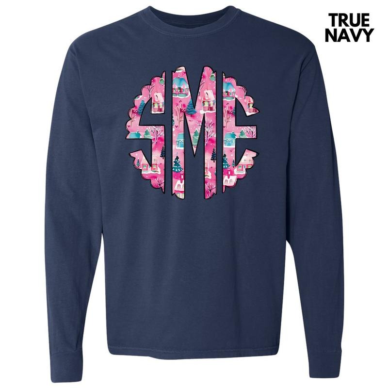 Pink Winter Holiday Monogram Long Sleeve Comfort Colors T-Shirt 'NLB'