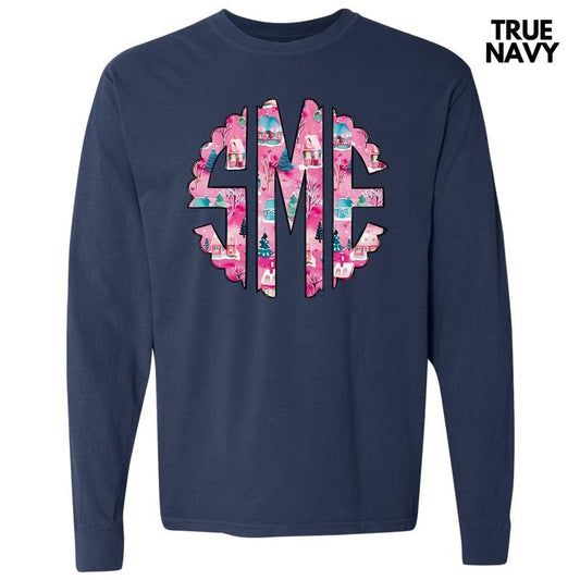 Pink Winter Holiday Monogram Long Sleeve Comfort Colors T-Shirt 'NLB'