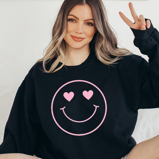 Pink heart smiley eyes sweatshirt Valentines Smiles Sweatshirt Pink Valentines Sweater Heart Smile Sweatshirt Oversized Fit Sweater Comfy Soft Sweatshirt Gift for Girlfriend Sweater Casual Cute Womenswear Comfortable Day Hoodie Tops  Lady Pullover