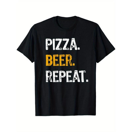 Pizza Beer Repeat Shirt, Funny Novelty Pizza Lover Tee Summer Comfortable Casual Short Sleeve T-Shirt Made in USA