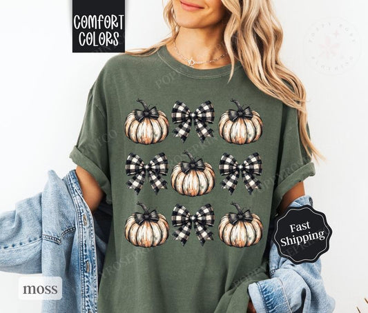 Plaid Bow Pumpkin Shirt Comfort Colors, Fall Tshirt, Coquette Clothing, October Vibes Shirt for Women Oversized Crewneck Tee