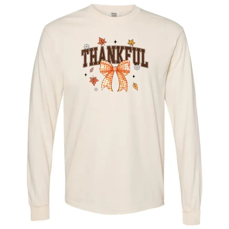 Plaid Bow Thankful Long Sleeve Comfort Colors T-Shirt 'NLB'