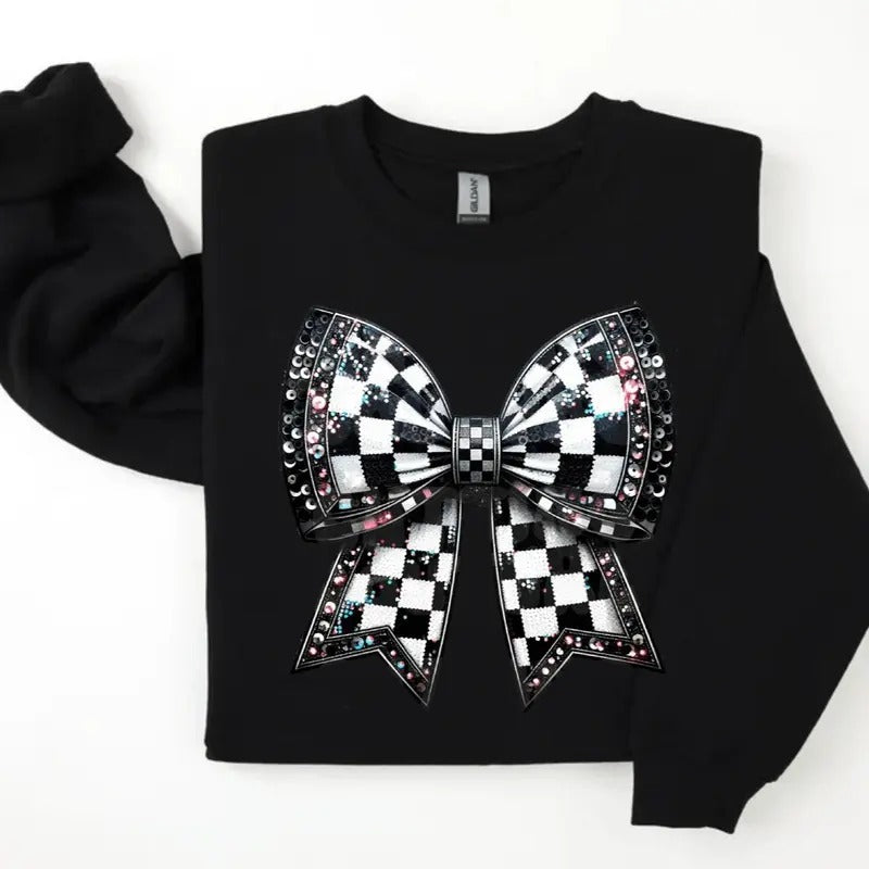 Plaid Coquette Bow Sweatshirt, Coquette Checkered Bow Sweatshirt, Fall Shirt, Retro Checkered Bow Shirt, Girly Fall Shirt