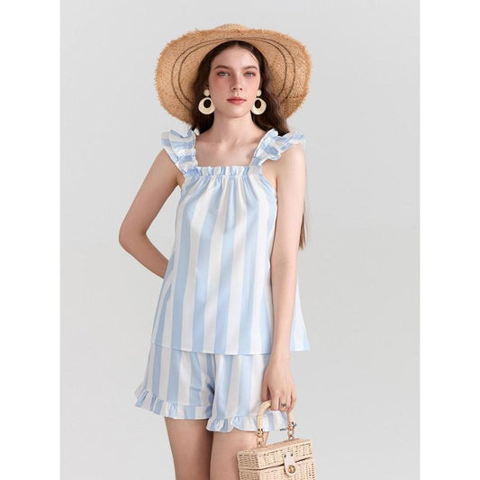 Women Summer Shorts Outfits Stripe/Plaid Ruffles Straps Sleeveless Tank Tops and Shorts 2 Pieces Clothes Set Cotton Womenswear Check Light
