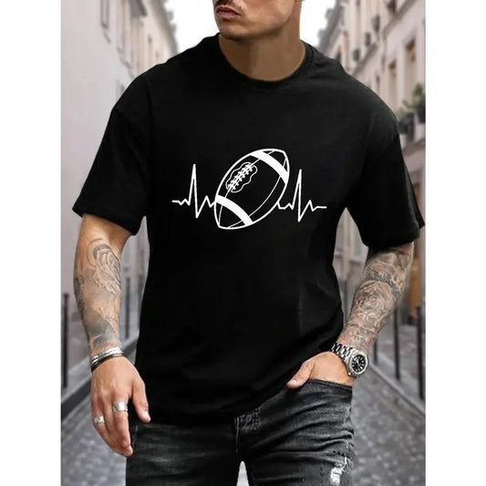 Plus Size American Football Print T-shirt, Men's Casual Street Style Stretch Round Neck Tee Shirt For Summer, Men's Clothing Made in USA