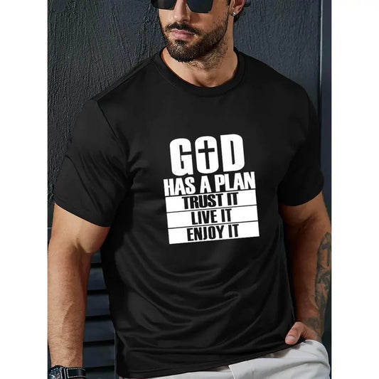 Plus Size Men's God Has A Plan Graphic Print T-shirt, Casual Short Sleeve Crew Neck Tee For Outdoor, Men's Clothing Made in USA