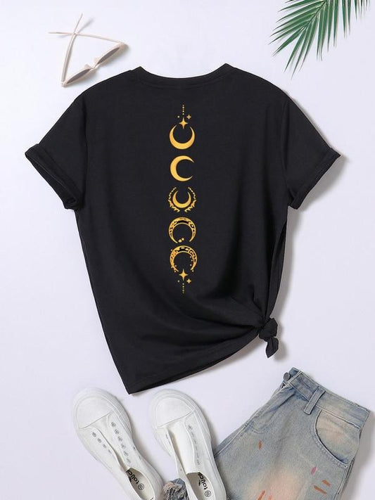 Plus Size Moon Print Round Neck Graphic Tee, Vintage Trendy Casual Short Sleeve T-shirt for Daily Wear, Ladies Plus Clothing for All Seasons