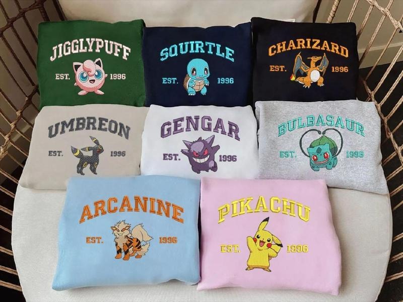 Pokemon Characters Embroidered Sweatshirt, Embroidered Anime Shirt