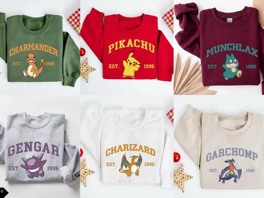 Pokemon Characters Sweatshirt T Shirt Hoodie, Anime Shirt, Japan Anime Sweatshirt, Pokemon Fans Shirt, Pikachu, Bulbasaur, Pokémon, Pokemon Lover Gift Pokemon Anime Sweater, Charizard, Charmander, Munchlax, GYARADO, Mudkip, Squirtle, Gengar, Gardevoir