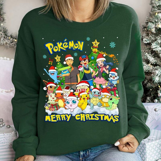 Pokemon Merry Christmas Shirt, Pocket Monster Merry Christmas Sweatshirt, Pikachu And Friends Christmas Sweatshirt, Pokemon Characters, Pikachu Eevee Bulbasaur, Japanese Anime, Christmas Tree, Xmas Gifts