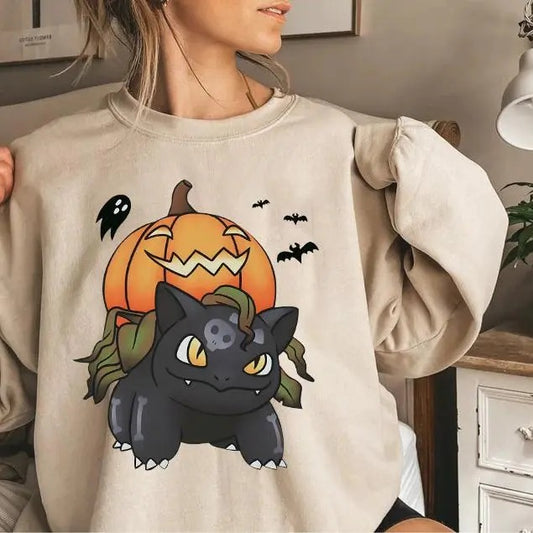 Pokemon Pumpkin T-shirt Sweatshirt Hoodie, Halloween Sweatshirt, Spooky Pumpkin Monster Shirt, Gengar Japan Anime, Pokemon Halloween Bulbasaur Shirt