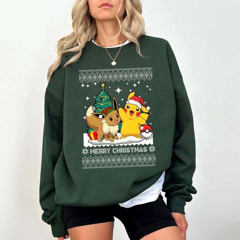 Pokemon Ugly Christmas Sweatshirt Hoodie, Pokemon Christmas Shirt, Pikachu and Eevee Christmas Sweatshirt, Pikachu Christmas Sweater, Ugly Christmas Shirt, Anime Shirt, Pokemon Fans, Christmas Sweatshirt, Eevee Sweatshirt
