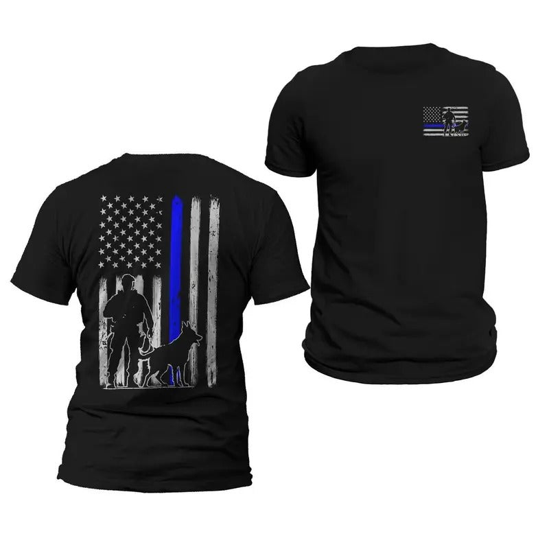 Police K-9 Unit Thin Blue Line Flag Front & Back Print Vertical Brushed Design T-Shirt Casual Classic Crewneck Menswear