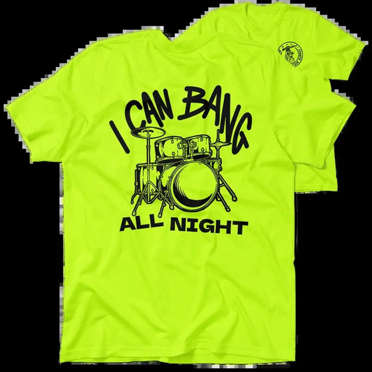 Bang All Night Hi Visibility Safety Yellow Work T-Shirt Jersey Cotton/Poly Blend Top with Blue Collar | Graphic Tees Apparel Menswear Tshirt