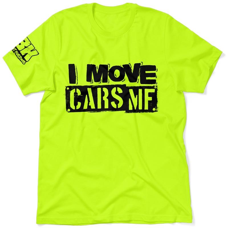 FBK I Move Cars Hi Visibility Safety Yellow Work T-Shirt apparel | Cotton/Poly Blend Top with Blue Collar | Graphic Tees, Vintage Tees