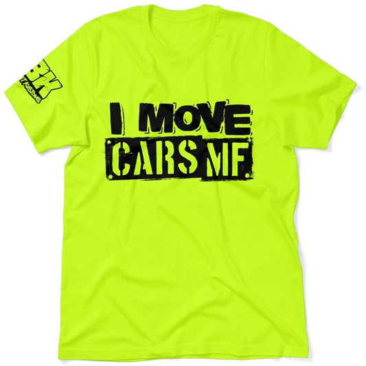 FBK I Move Cars Hi Visibility Safety Yellow Work T-Shirt apparel | Cotton/Poly Blend Top with Blue Collar | Graphic Tees, Vintage Tees