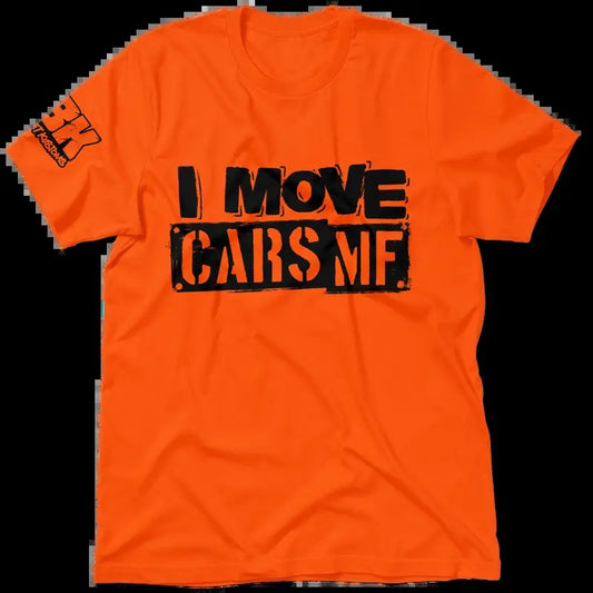 FBK I Move Cars Hi Visibility Safety Orange T-Shirt Jersey Men's 30-Day Guarantee Quality Cotton/Poly Blend with Blue Collar - Menswear, Top Apparel